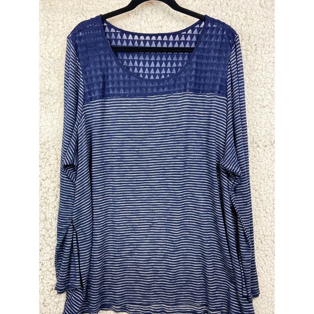 Lane Bryant  white & blue striped lace accent long sleeve blouse size 26/28